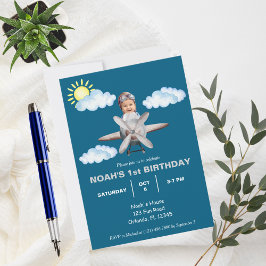 Invitación Niño Piloto, Avión y Nube, Foto Primer Cumpleaños