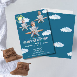 Invitación Niño Piloto, Avión y Nube, Foto Primer Cumpleaños