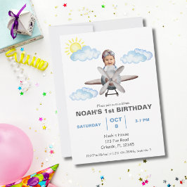 Invitación Niño Piloto, Avión y Nube, Foto Primer Cumpleaños