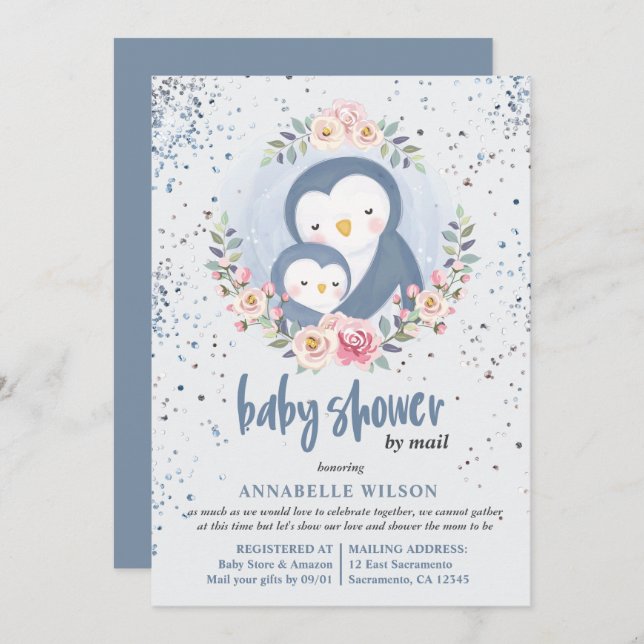 Invitación Niño Pingüino Baby Shower Por Correo (Anverso / Reverso)