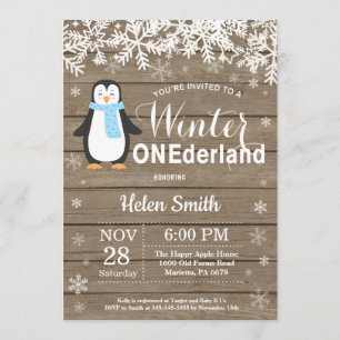 Invitación Niño Pingüino Rústico de Onederland Primer cumplea