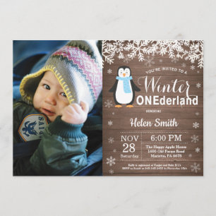 Invitación Niño Pingüino Rústico de Onederland Primer cumplea