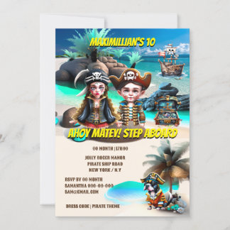 Invitación Niño pirata chica perro tesoro isla fantasma barco