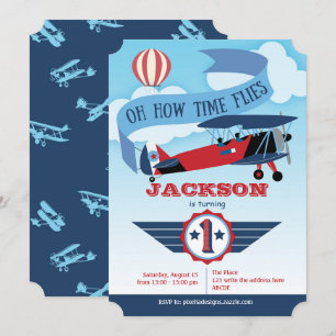 Invitación Niño, primer cumpleaños, avión, moscas de tiempo,
