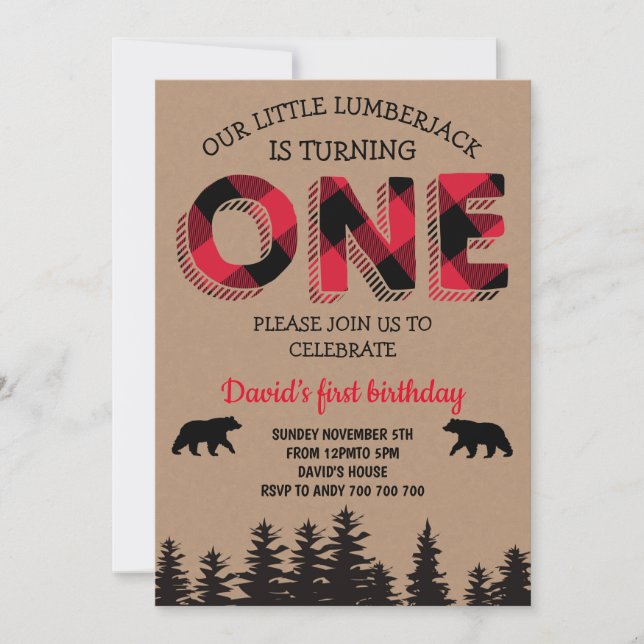 Invitación Niño Primer cumpleaños Fiesta rojo Flannel (Anverso)