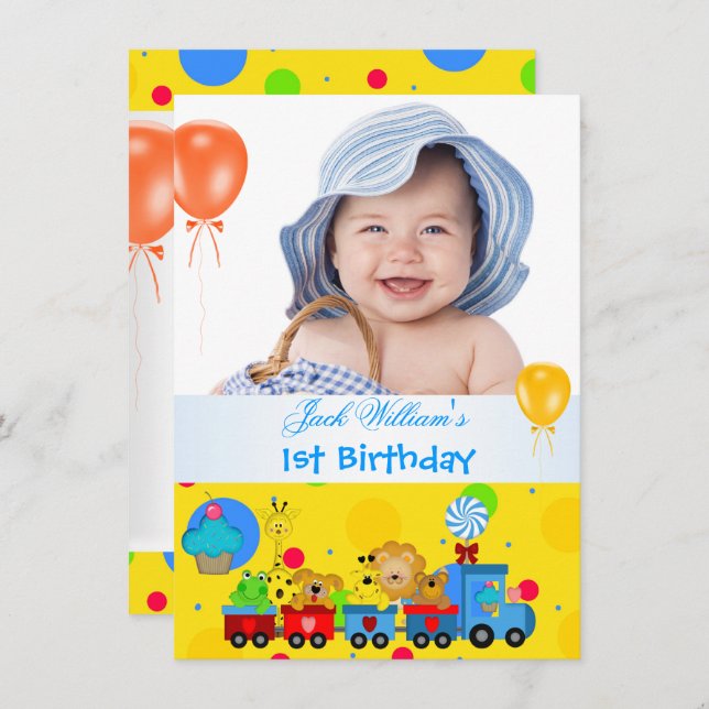 Invitación Niño Primer cumpleaños primer tren amarillo azul (Anverso / Reverso)