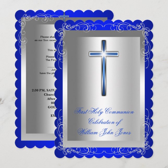 Invitación Niño Primera Comunión Plata Azul Real 2s (Anverso / Reverso)