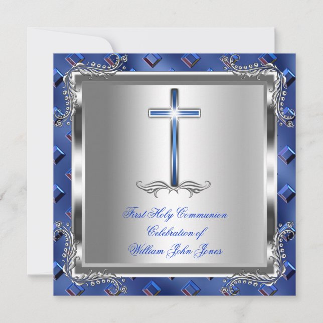 Invitación Niño Primera Comunión Plata Azul Real 3a (Anverso)
