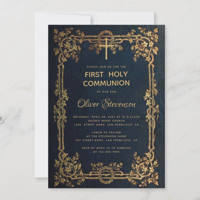 Invitación Niño Primero Santa Comunión Oro Azul deja la cosec (Anverso)