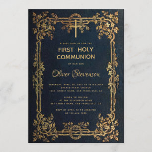 Invitación Niño Primero Santa Comunión Oro Azul deja la cosec