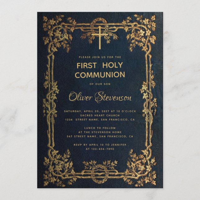 Invitación Niño Primero Santa Comunión Oro Azul deja la cosec (Anverso)
