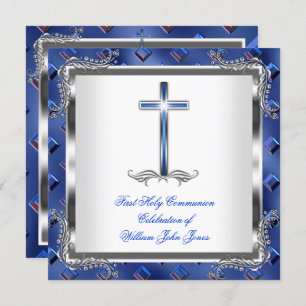 Invitación Niño Primero Santa Comunión Plata Azul Real 3