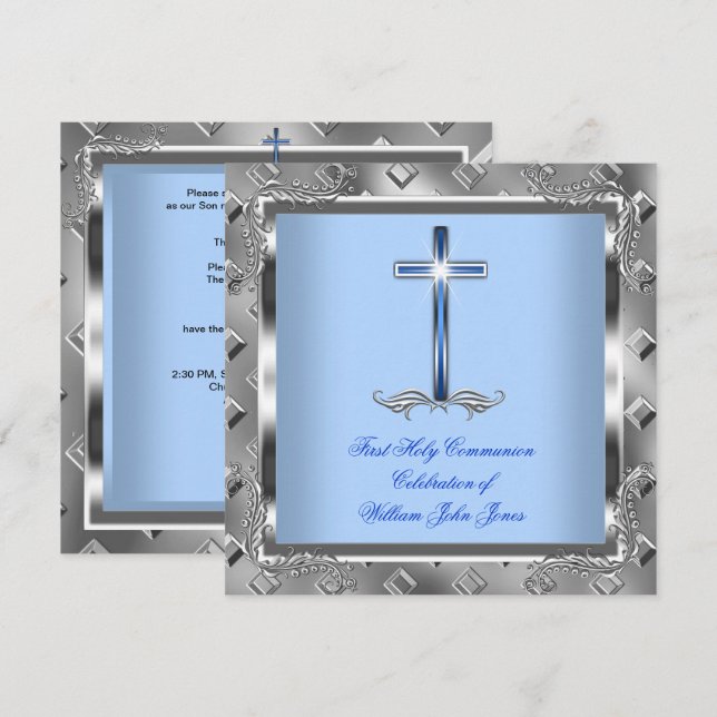 Invitación Niño Primero Santa Comunión Plata Azul Real 5 (Anverso / Reverso)