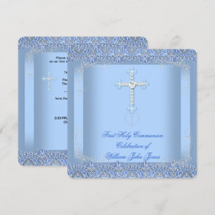 Invitación Niño Primero Santo Comunión Plata Azul
