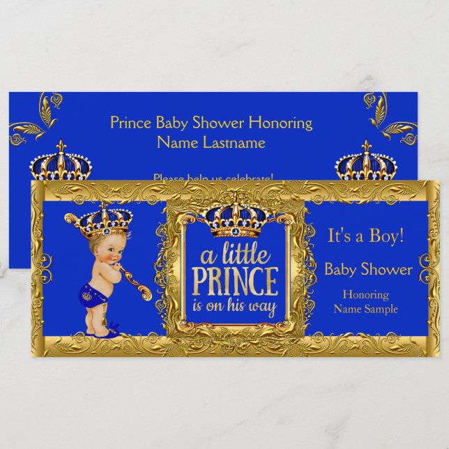 Invitación Niño Prince en camino de niño dorado azul real (Anverso / Reverso)