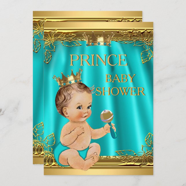 Invitación Niño Príncipe Baby Shower Aqua bebé de Brunette Ve (Anverso / Reverso)