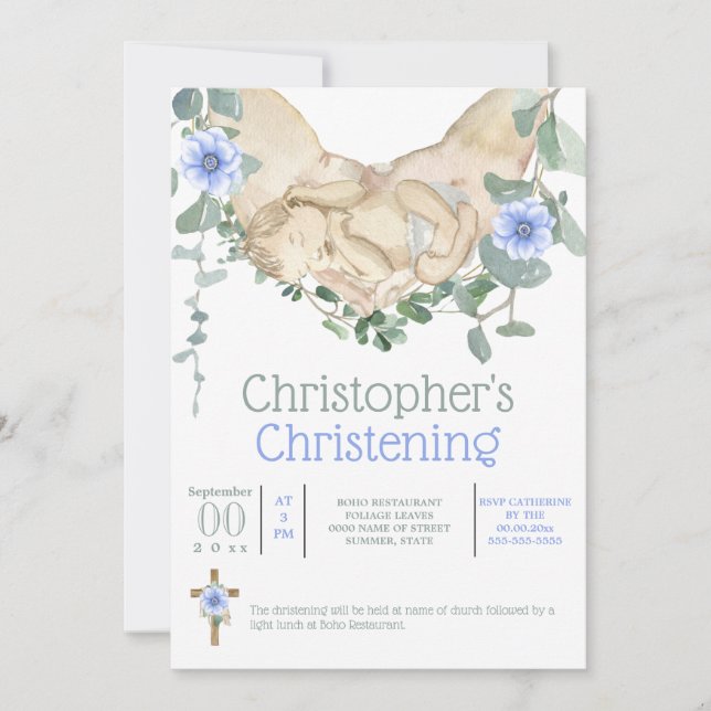 Invitación Niño recién nacido durmiendo en manos de eucalipto (Anverso)