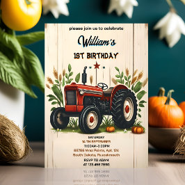 Invitación niño retro chico genial tractor primer cumpleaños