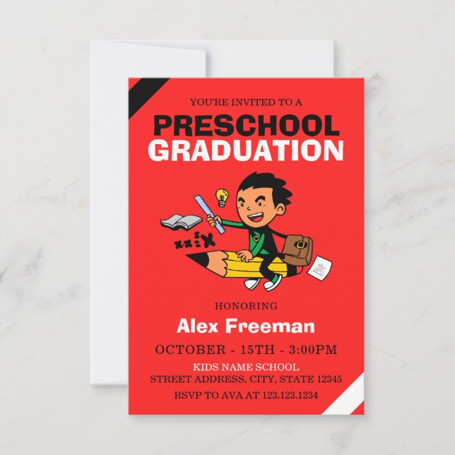 Invitación Niño Rojo Divertido Graduación de Preescolar (Anverso)