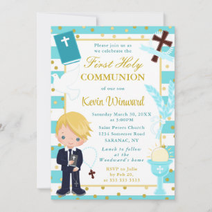 Invitación Niño Rubio de Primera Comunión con Raya Azul