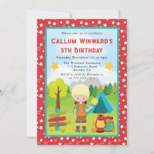 Invitación Niño Rubio Lindo Acampando Cumpleaños Infantil