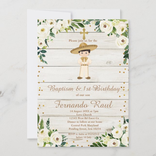 Invitación Niño Rústico Bautismo Oro Primer Cumpleaños Mexica (Anverso)