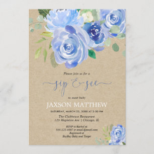 Invitación Niño Rústico Sip ver acuarelas florales azules