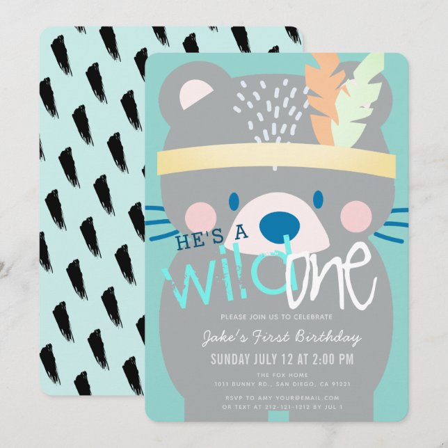 Invitación Niño salvaje de un oso Verde azulado primer cumple (Anverso / Reverso)
