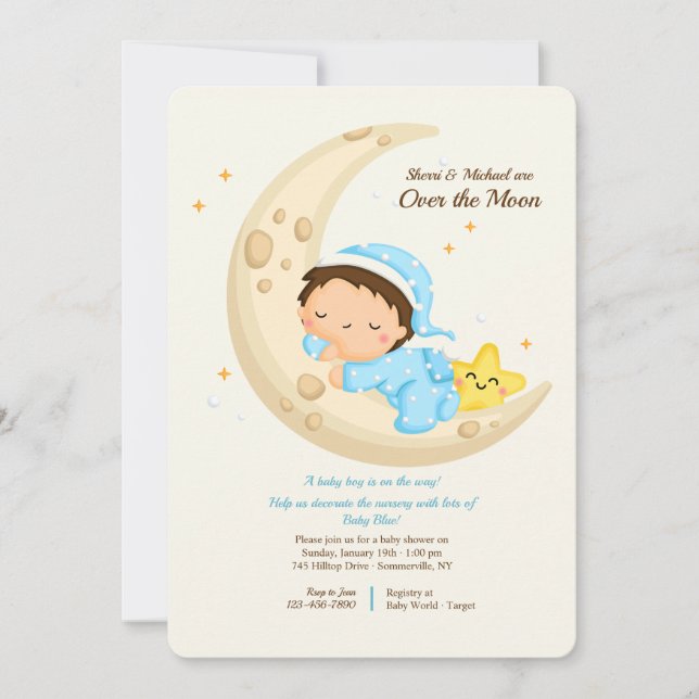 Invitación Niño sobre el Baby Shower de la luna (Anverso)