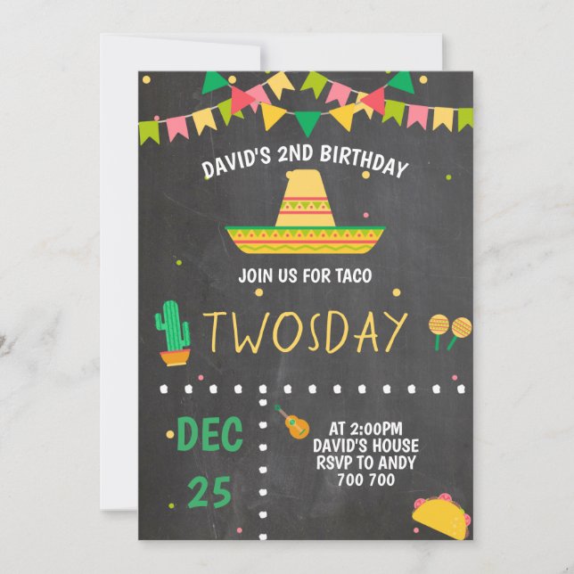 Invitación Niño Taco 20 días Fiesta 2 cumpleaños Fiesta mexic (Anverso)