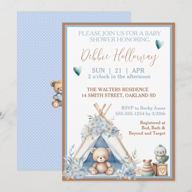 Invitación Niño Teddy Oso en Baby Shower (Anverso / Reverso)