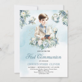 Invitación Niño Traje formal vestido sagrada bíblica azul flo