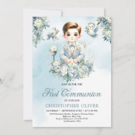 Invitación Niño Traje formal vestido sagrada bíblica azul flo