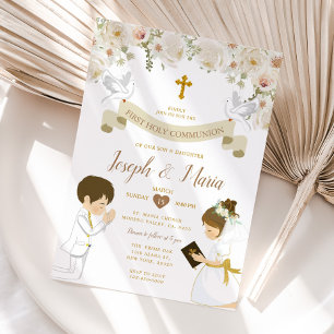 Invitación Niño TWIN Chica rezando floral de la primera comun