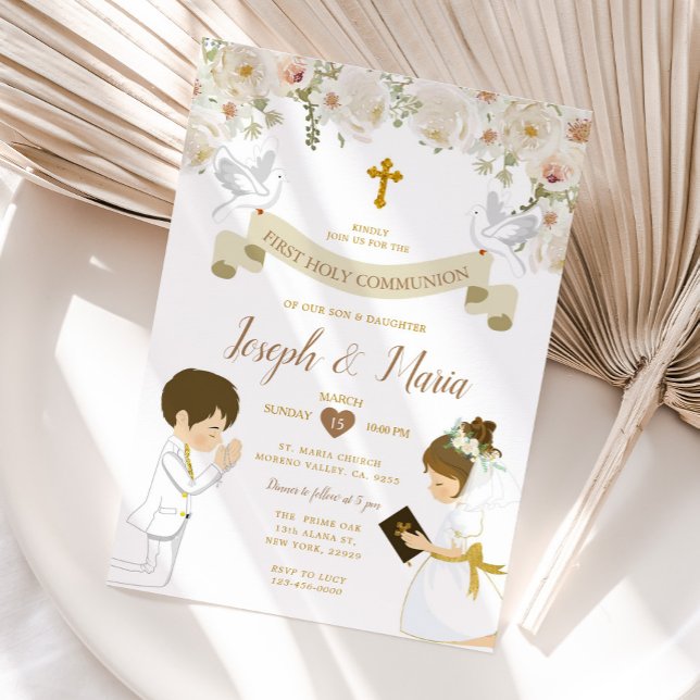 Invitación Niño TWIN Chica rezando floral de la primera comun (Subido por el creador)
