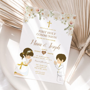 Invitación Niño TWIN Chica rezando floral de la primera comun