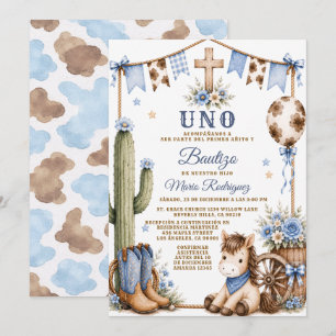 Invitación Niño Vaquero Español Uno Bautizo & 1er Cumpleaños