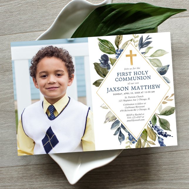 Invitación Niño verde azul follaje primera foto de la comunió (Subido por el creador)