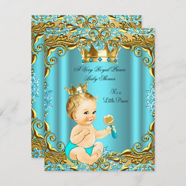 Invitación Niño Verde azulado Aqua Blonde Prince Gold de Baby (Anverso / Reverso)