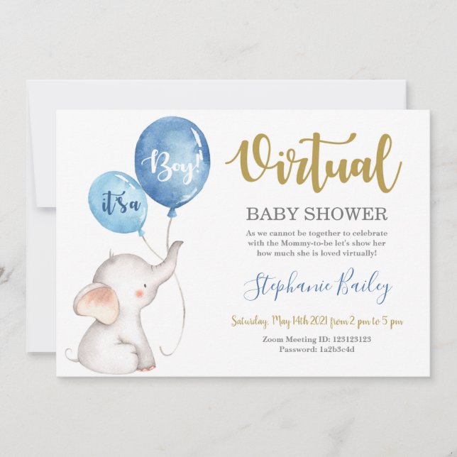 Invitación Niño virtual de Baby Shower con elefante (Anverso)