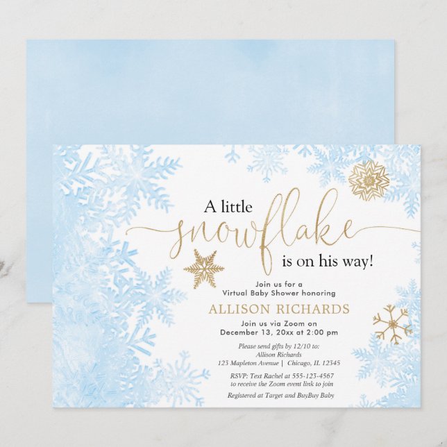 Invitación Niño virtual ducha azul oro pequeño copo de nieve (Anverso / Reverso)
