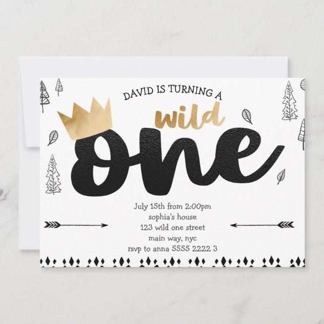 Invitación Niño WILD One Gold Crown King Etnia Primer Cumplea (Anverso)