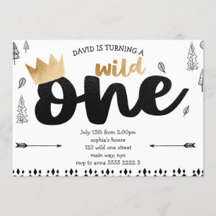 Invitación Niño WILD One Gold Crown King Etnia Primer Cumplea