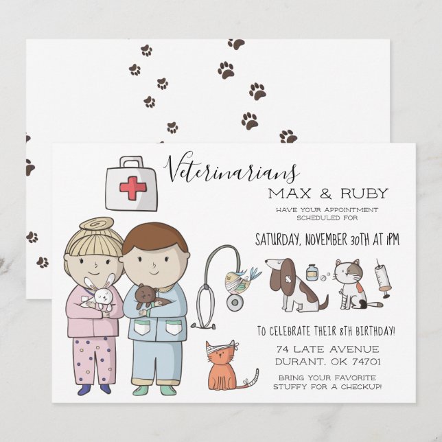 Invitación Niño y Chica Fiesta Veterinario de Niños (Anverso / Reverso)