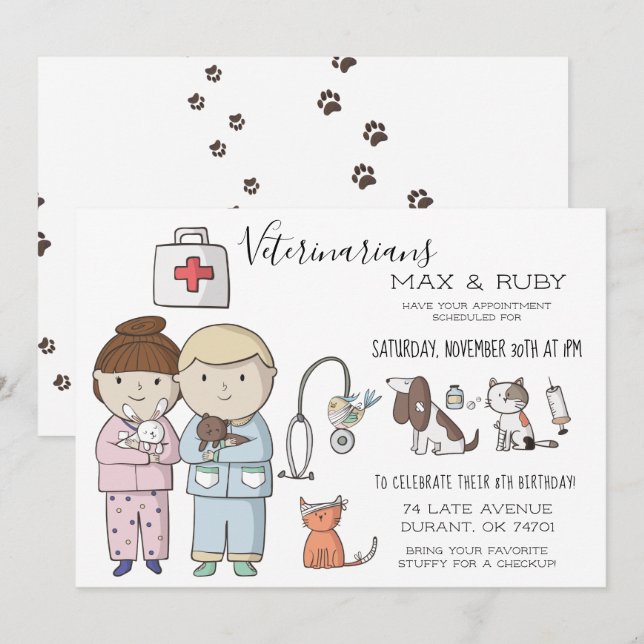Invitación Niño y Chica Fiesta Veterinario de Niños (Anverso / Reverso)