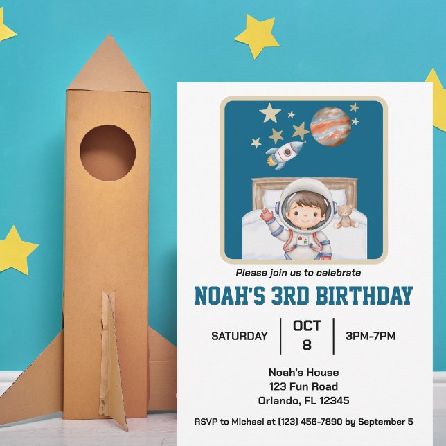 Invitación Niño y espacio exterior,Cumpleaños simple y adorab (Subido por el creador)