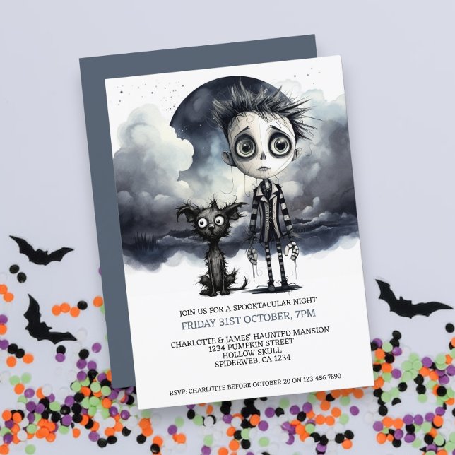Invitación Niño y perro asustado de Halloween bajo una luna l (Halloween Scary Boy and Dog Under a Full Moon Invitations from Ricaso. Spikey haired boy with dog)