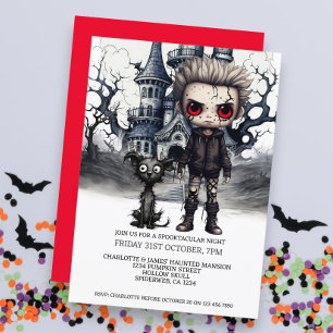 Invitación Niño y perro asustado de Halloween bajo una luna l