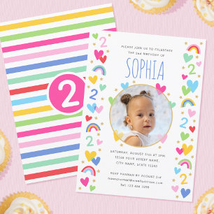 Invitación Niños 2º cumpleaños lindo foto arcoiris corazones 