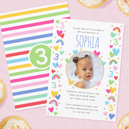Invitación Niños 3 cumpleaños lindo foto arcoiris corazón ver